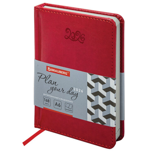 Ежедневник датированный 2026, МАЛЫЙ ФОРМАТ 100х150 мм, А6, BRAUBERG "Rainbow", под кожу, красный, 117256