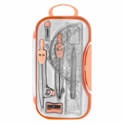 Готовальня BRAUBERG SCHOOL KIT, 11 предметов, циркуль 115 мм, циркуль 125 мм, чертежные принадлежности, персиковый цвет, 210717