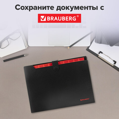Папка-органайзер на кнопке 12 отделений, BRAUBERG "Extra", А4, черная с красным, 271934