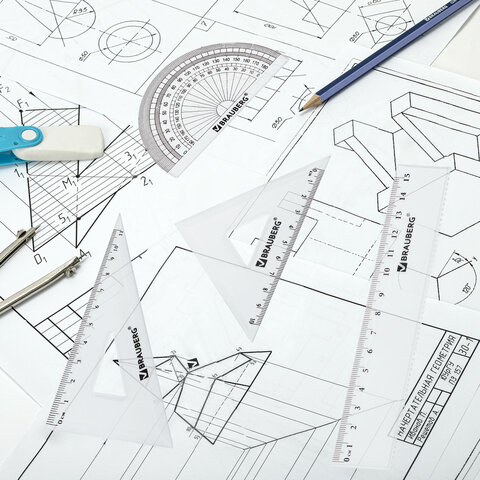 Набор чертежный малый BRAUBERG (линейка 15 см, 2 угольника, транспортир), конверт на молнии, 210306