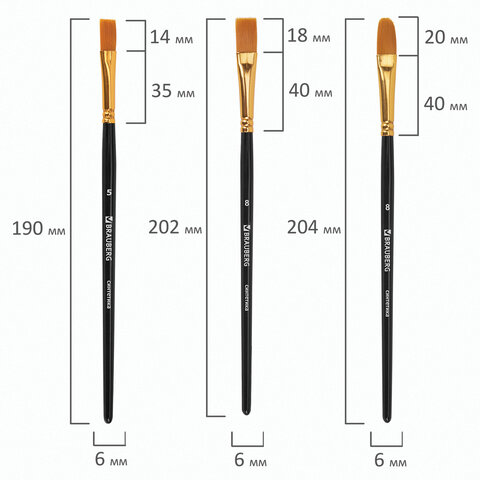 Кисти синтетика BRAUBERG, НАБОР 10 шт., черные (Круглые; Овальные; Плоские; Лайнеры), 201028