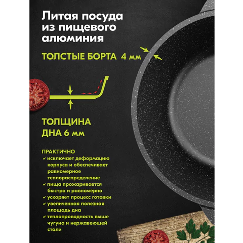 Кастрюля 4 л с жаропрочной крышкой 24 см, антипригарное покрытие, МЕЧТА "Гранит Black", 44802