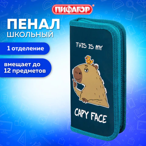 Пенал ПИФАГОР, 1 отделение, ламинированный картон, 19х9 см, "Capy face", 272245
