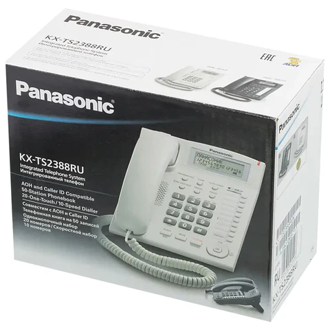Телефон PANASONIC KX-TS2388RUW, АОН, спикерфон, память 50 номеров в справочнике, тональный/импульсный режим, белый