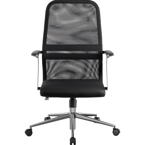 Кресло МЕТТА "SU-C-8-Т" хром, с подлокотниками, ткань-сетка, сиденье мягкое, черное