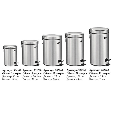 Ведро мусорное с педалью 5 литров "Classic", ЗЕРКАЛЬНОЕ, нержавеющая сталь, со съемным внутренним ведром, LAIMA, 232260