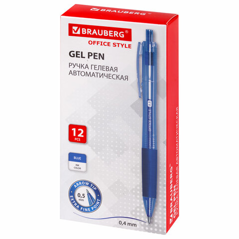 Ручка гелевая автоматическая с грипом BRAUBERG "OFFICE STYLE", СИНЯЯ, линия 0,4 мм, 144122