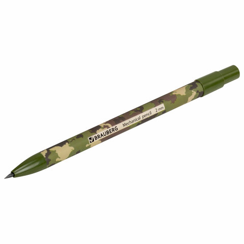 Карандаш механический цанговый 2 мм, BRAUBERG PRINT MILITARY, HB, встроенная точилка, корпус ассорти, 181962