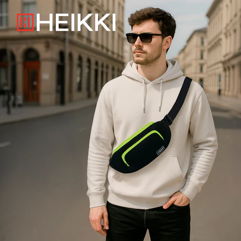 Сумка на пояс HEIKKI RIO (ХЕЙКИ), карман, регулируемый ремень, черная/салатовая, 30х12x10 см, 272615