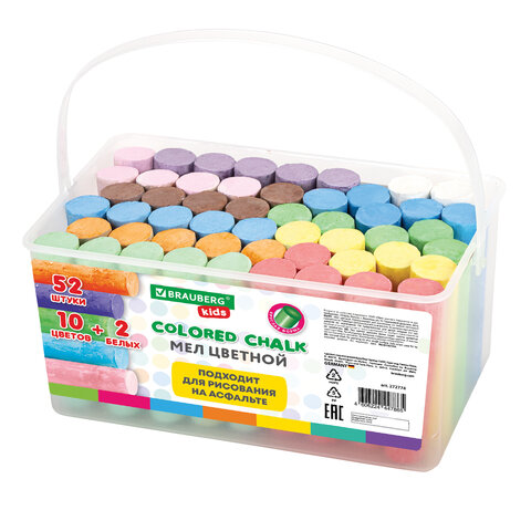Мел в ведерке для рисования на асфальте 52 штуки, цветной круглый, BRAUBERG KIDS, 272774