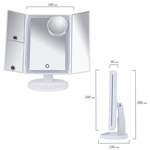 Зеркало настольное с LED-подсветкой для макияжа, размер 24х18 см, складное, увеличение х2, х3, х10, белое, BRABIX, 609337