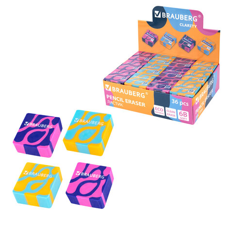 Ластик BRAUBERG "CLARITY", 34х34х14 мм, квадратный, экологичный ПВХ, ассорти, 272732