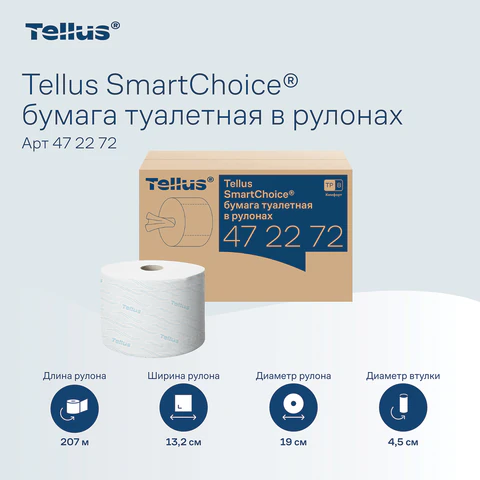 Бумага туалетная 207 м, Tellus/TORK (Система T8) SmartOne, ADVANCED, КОМПЛЕКТ 8 рулонов, 2-слойная, 472272