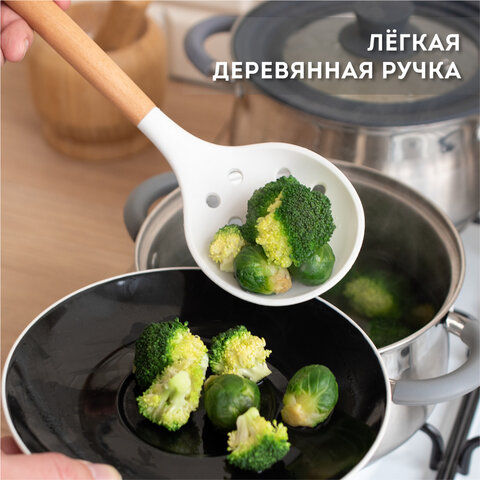 Набор силиконовых кухонных принадлежностей с деревянными ручками 12 в 1, молочный, DASWERK (ДАСВЕРК), 608193