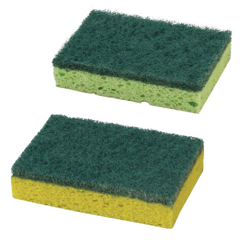 Губки для посуды 9,5х6,5х2 см, КОМПЛЕКТ 2 шт., ЦЕЛЛЮЛОЗНЫЕ (губчатые) с АБРАЗИВОМ, LAIMA К1106, 605487
