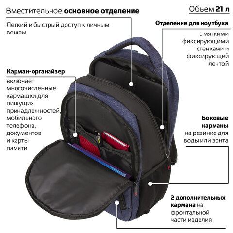 Рюкзак BRAUBERG URBAN универсальный, с отделением для ноутбука, "Dallas", темно-синий, 45х29х15 см, 228866