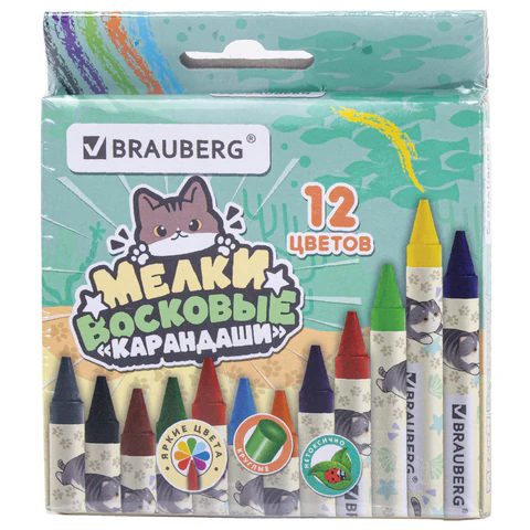 Восковые мелки BRAUBERG "МИЛЫЕ КОТЫ", НАБОР 12 цветов, 273229
