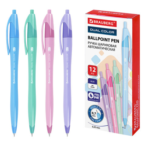 Ручка шариковая автоматическая масляная BRAUBERG "DUAL COLOR", СИНЯЯ, игольчатый наконечник 0,7 мм, линия письма 0,35 мм, 144327