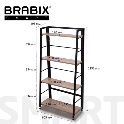 Стеллаж BRABIX "Smart SH-007", 605х295х1193 мм, ЛОФТ, трапеция, складной, металл/ЛДСП дуб, каркас черный, 641872