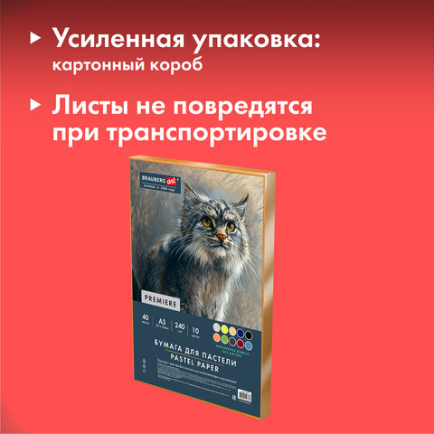 Бумага для пастели АБРАЗИВНАЯ А3, 270х380 мм, в коробке, 40 листов, 10 цветов, 240 г/м2, BRAUBERG ART, 117768