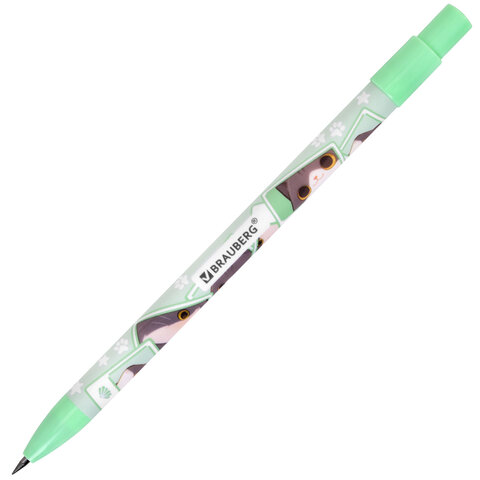 Карандаш механический цанговый 2 мм, с принтом кросс-серия МИЛЫЕ КОТЫ, BRAUBERG, HB, встроенная точилка, корпус ассорти, 182108