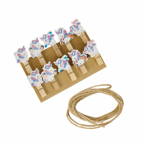 Прищепки декоративные "Единороги", 10 штук, 3,5 см, ассорти, со шпагатом, ОСТРОВ СОКРОВИЩ, 662668