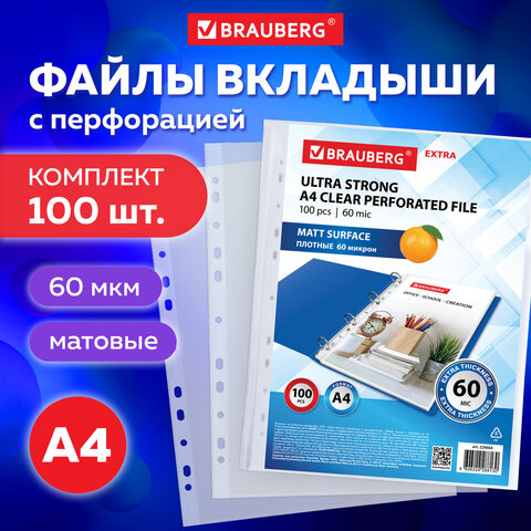 Папки-файлы перфорированные А4 BRAUBERG "МАТОВЫЕ EXTRA 600", КОМПЛЕКТ 100 шт., ПЛОТНЫЕ, 60 мкм, 229664