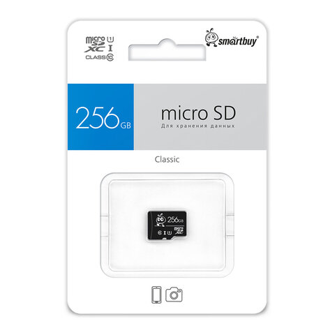 Карта памяти microSDXC 256 GB SMARTBUY, UHS-I, 90 Мб/сек (class 10), с адаптером, SB256GBSDCL10-01