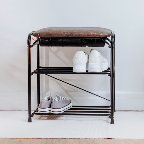 Банкетка для обуви "Альфа-13СЯ", 450х300х480 мм, 2 полки, ящик, металл/кожзам, черный/коричневый, ПДОА13СЯ Ч