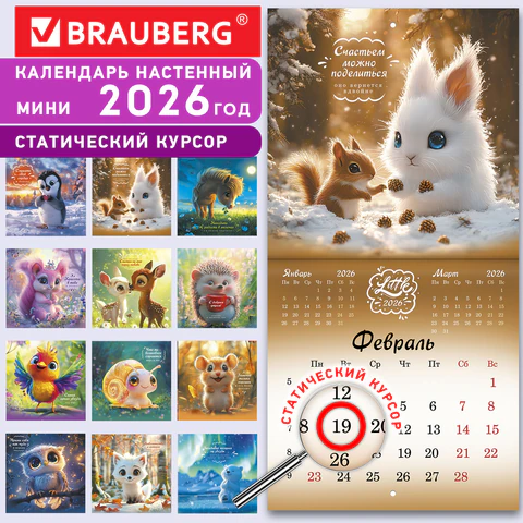 Календарь настенный перекидной 2026 г., BRAUBERG, 12 листов, 21,4х21,4 см, МИНИ, "Magic animals", 116943