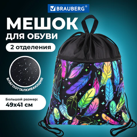 Мешок для обуви BRAUBERG БОЛЬШОЙ, с ручкой, карман на молнии, сетка, 49х41 см, "Feathers", 271057