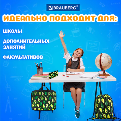 Папка на молнии с ручками А4, мешок для обуви 42х33 см, пенал 20х10 см, "Avocado" НАБОР BRAUBERG, 271433