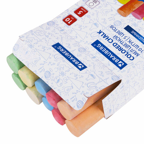 Мел для рисования на асфальте 10 штук, 5 цветов, цветной круглый, BRAUBERG, картонная упаковка, европодвес, 223556