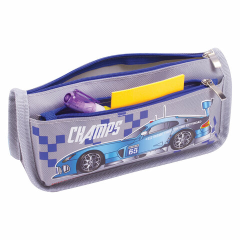 Пенал мягкий ЮНЛАНДИЯ, 2 отделения, полиэстер, "Car champion", серый, 21х6х9 см, 228983