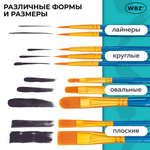 Кисти набор 10 шт., синтетика, синие, № 2/0-8 (Круглые; Овальные; Плоские; Лайнеры), WBZ (ВБЗ), 201085