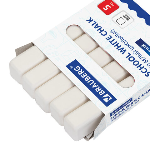 Мел белый квадратный 5 штук, BRAUBERG, утолщенный, картонная упаковка, 227444