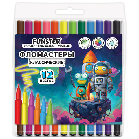 Фломастеры ПВХ пенал "АССОРТИ 6 ДИЗАЙНОВ", 12 цветов, КЛАССИЧЕСКИЕ, FUNSTER (ФАНСТЕР), 152685