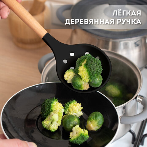 Набор силиконовых кухонных принадлежностей с деревянными ручками 13 в 1, черный, DASWERK (ДАСВЕРК), 608197