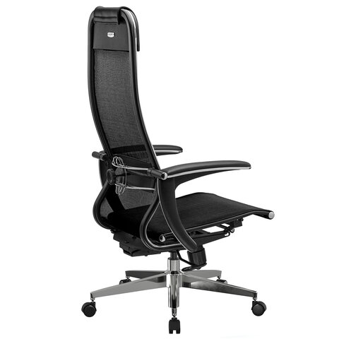 Кресло офисное МЕТТА "К-4-Т" хром, прочная сетка, сиденье и спинка регулируемые, черное