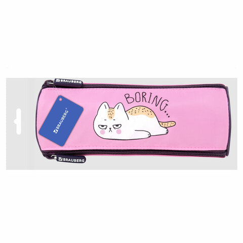Пенал BRAUBERG, 3 отделения, нейлон, 21х7х7 см, "Lazy cat", 272306