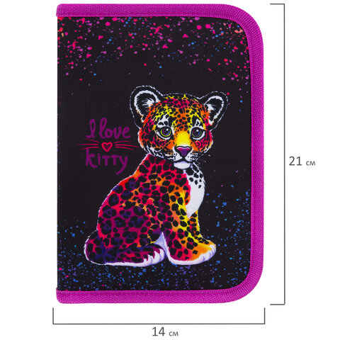 Пенал BRAUBERG с наполнением, 1 отделение, 1 откидная планка, 24 предмета, 21х14 см, "Леопард", 272350