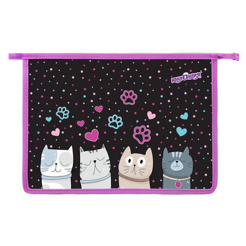 Папка для тетрадей ЮНЛАНДИЯ А4, 1 отделение, пластик, на молнии, "Cat squad", 273347