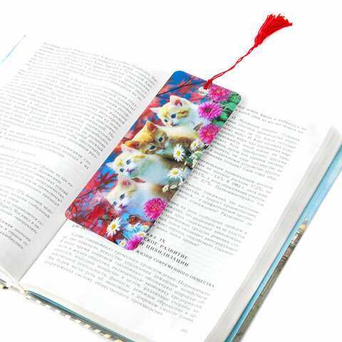 Закладка для книг с линейкой 3D ОБЪЕМНАЯ BRAUBERG, "Котята", с декоративным шнурком-завязкой, 125762