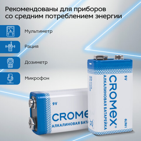 Батарейки алкалиновые КОМПЛЕКТ 4 шт., CROMEX (КРОМЕКС) Alkaline, Крона 9V (6LR61, 6LF22, 1604A), короб, 456453