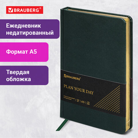 Ежедневник недатированный А5, 138х213 мм, BRAUBERG "Iguana", под кожу, 160 л., тёмно-зеленый, 114457