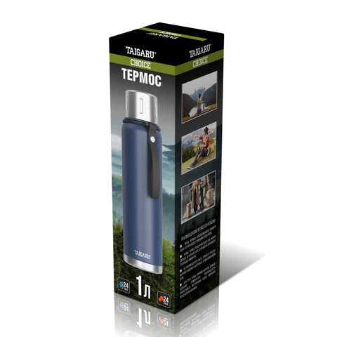 Термос 1 л TAIGARU (ТАЙГАРУ) CHOICE, нержавеющая сталь SUS316, крышка/кружка, ремешок, синий матовый, 700313