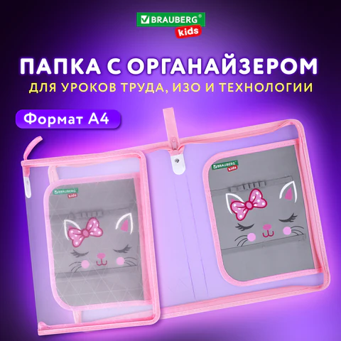 Папка для труда на молнии BRAUBERG KIDS А4, 1 отделение, прозрачная, органайзер, "Tiny cutie", 273397