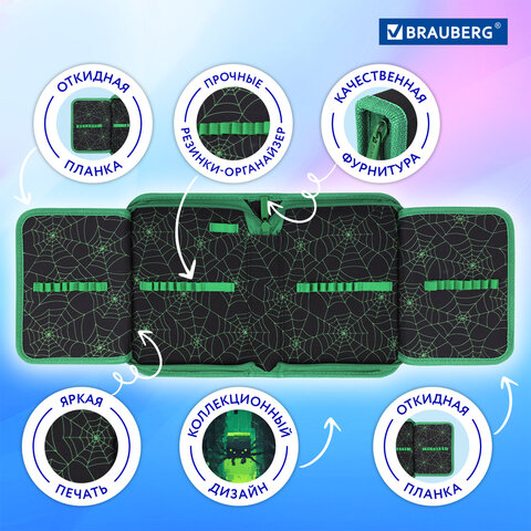 Пенал BRAUBERG, 1 отделение, 2 откидные планки, полиэстер, 21х14 см, "Digital spider", 273528