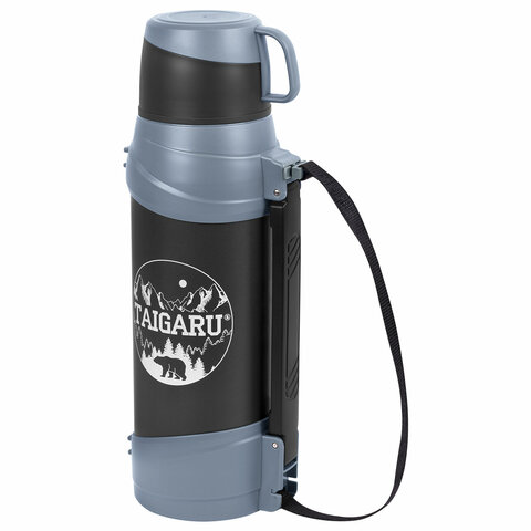 Термос классический, нержавеющая сталь 2 л, черно-серый, 2 кружки, ручка + ремешок, TAIGARU (ТАЙГАРУ), 608818