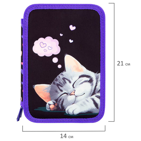 Пенал BRAUBERG, 3 отделения, полиэстер, 21х14 см, "Sleeping kitten", 273538